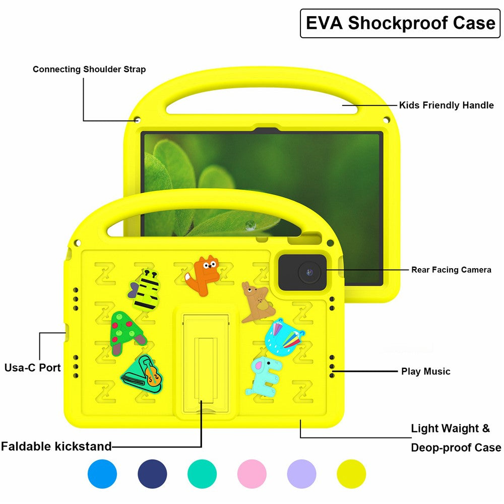 For Lenovo Tab M11 Kickstand Case Cartoon Design Anti-Drop EVA+PC Tablet Cover with Strap - Yellow