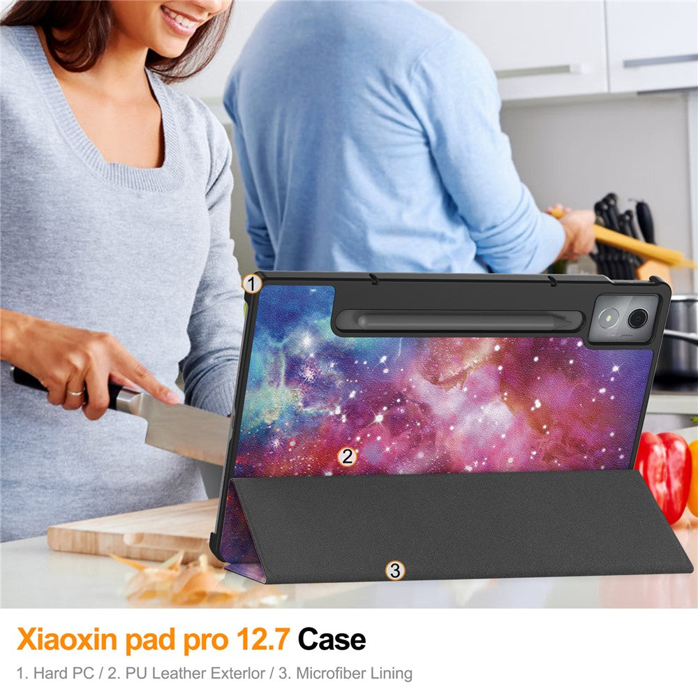 For Lenovo Xiaoxin Pad Pro 12.7 inch Case Pattern Print Leather Stand Tablet Cover - Galaxy