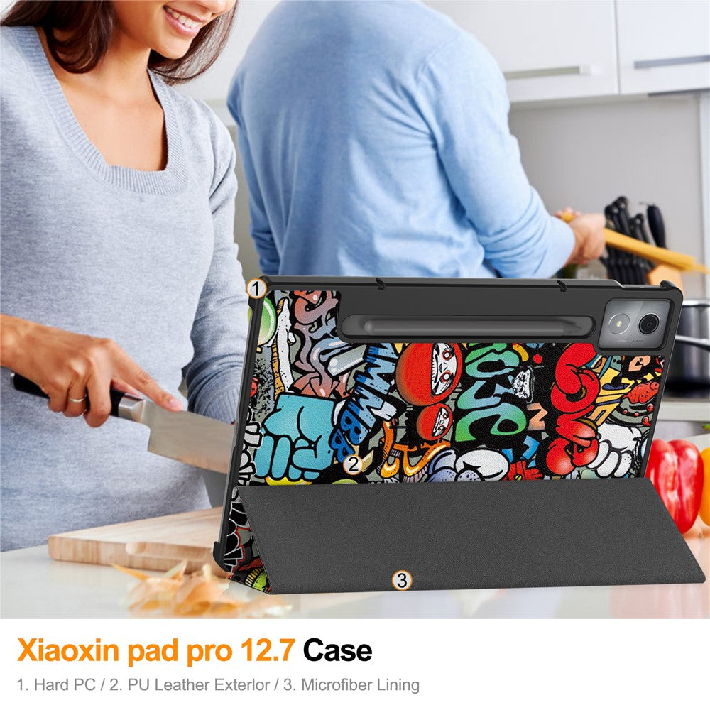For Lenovo Xiaoxin Pad Pro 12.7 inch Case Pattern Print Leather Stand Tablet Cover - Graffiti