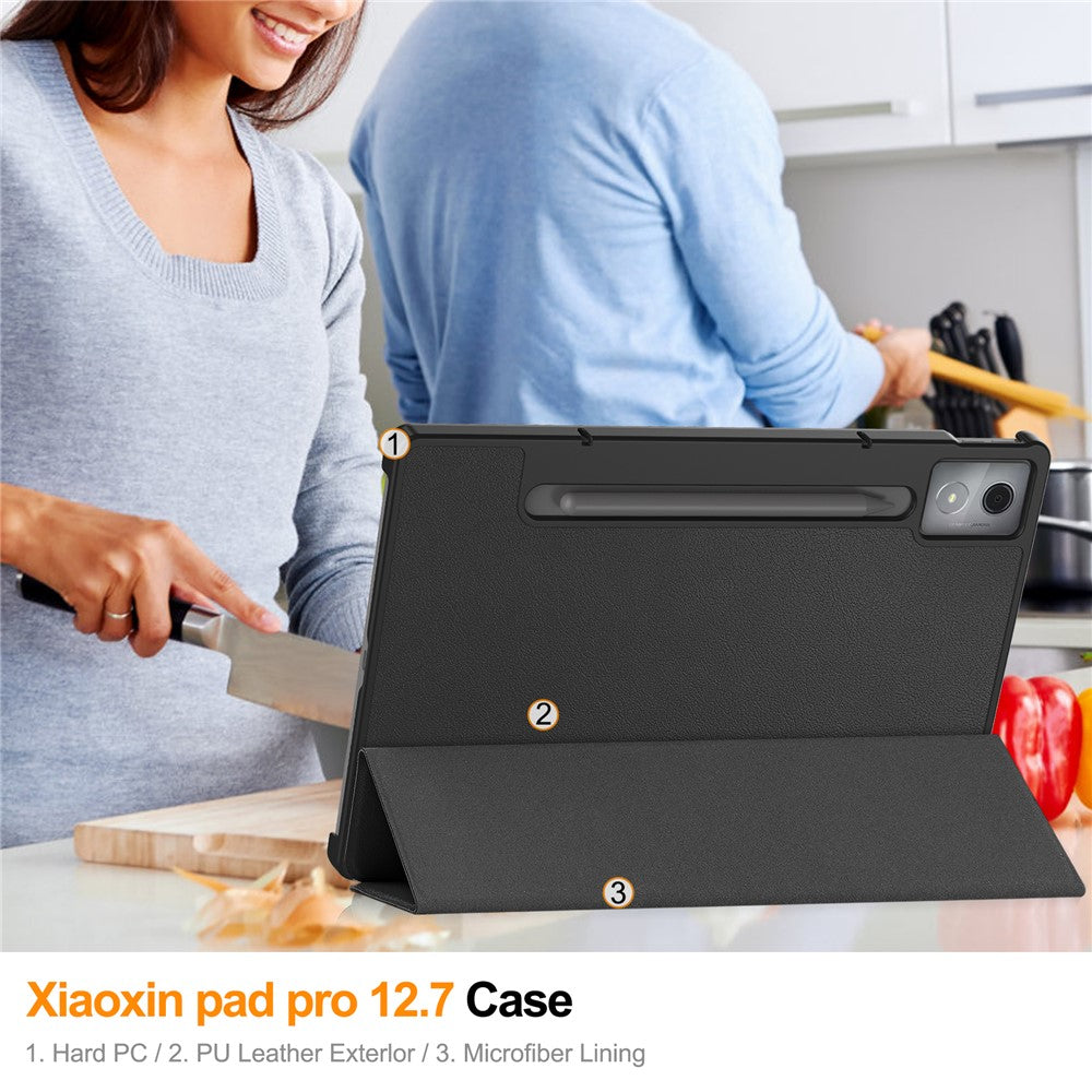 For Lenovo Xiaoxin Pad Pro 12.7 inch Case Anti-Drop Leather Stand Tablet Cover - Black