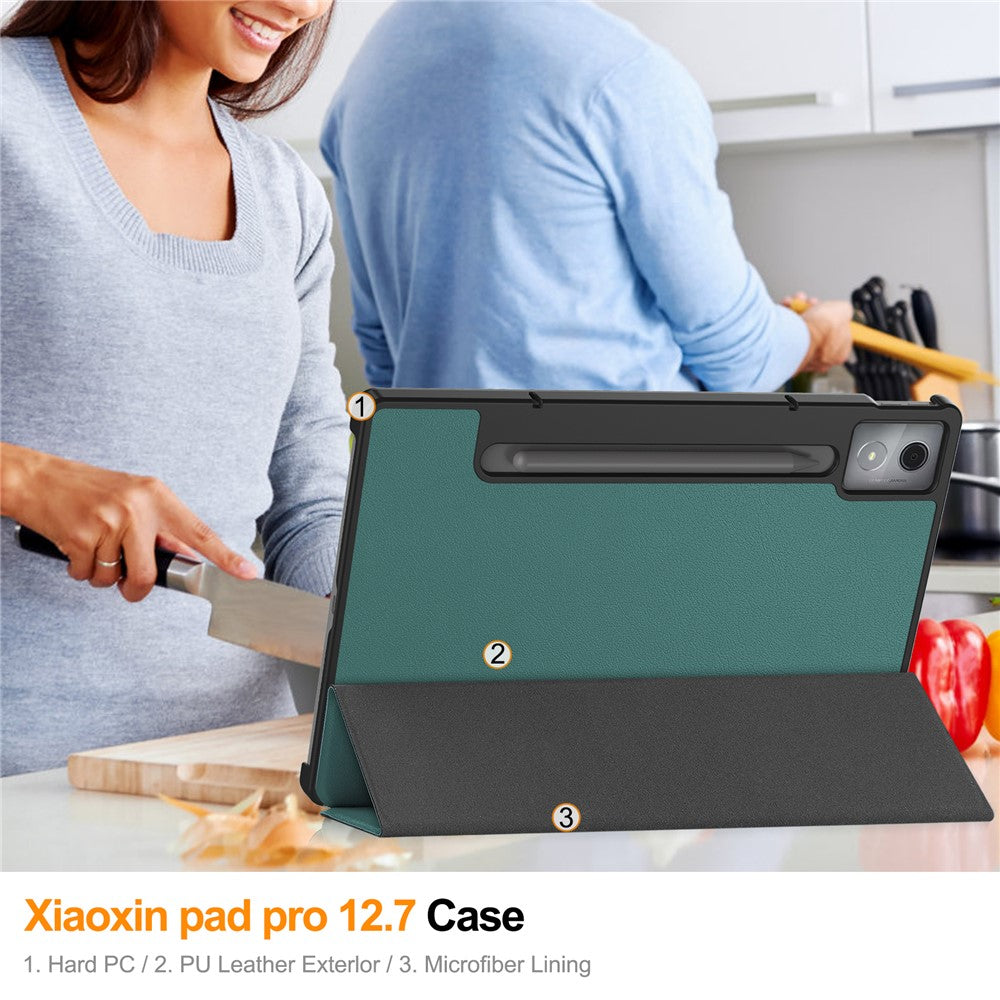 For Lenovo Xiaoxin Pad Pro 12.7 inch Case Anti-Drop Leather Stand Tablet Cover - Green