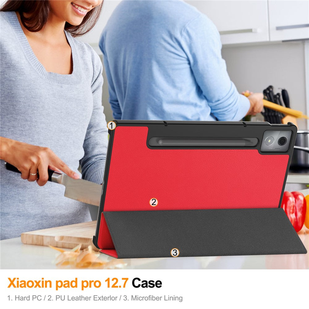 For Lenovo Xiaoxin Pad Pro 12.7 inch Case Anti-Drop Leather Stand Tablet Cover - Red