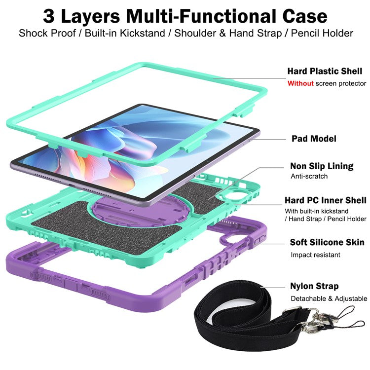 For Huawei MatePad 11.5 S Case Silicone+PC Kickstand Tablet Cover with Shoulder Strap - Purple+Cyan Green