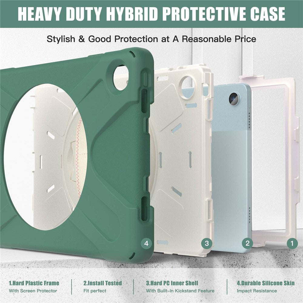 For Lenovo Tab M10 Plus (3rd Gen) / Xiaoxin Pad 2022 10.6 inch TB-125F / 128F 360 Degree Rotation Hand Strap Tablet Case Anti-drop PC + Silicone Kickstand Cover - Emerald Green