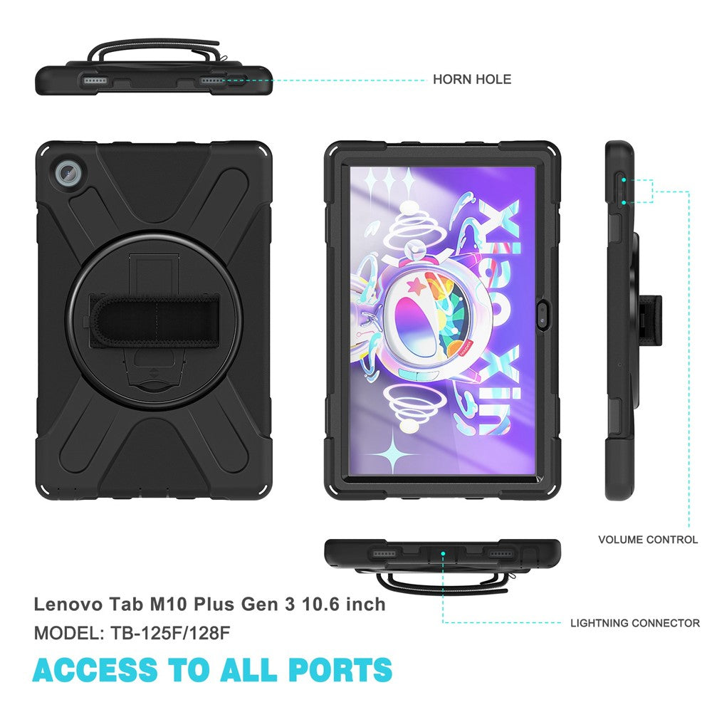 For Lenovo Tab M10 Plus (3rd Gen) / Xiaoxin Pad 2022 10.6 inch TB-125F / 128F 360 Degree Rotation Hand Strap Tablet Case Anti-drop PC + Silicone Kickstand Cover - Black