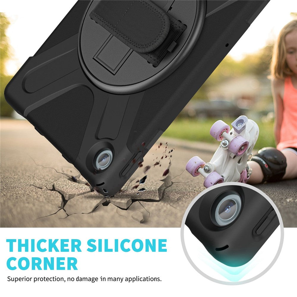 For Lenovo Tab M10 Plus (3rd Gen) / Xiaoxin Pad 2022 10.6 inch TB-125F / 128F 360 Degree Rotation Hand Strap Tablet Case Anti-drop PC + Silicone Kickstand Cover - Black