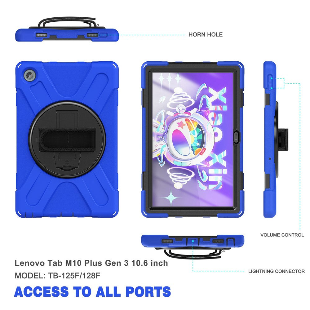 For Lenovo Tab M10 Plus (3rd Gen) / Xiaoxin Pad 2022 10.6 inch TB-125F / 128F 360 Degree Rotation Hand Strap Tablet Case Anti-drop PC + Silicone Kickstand Cover - Blue