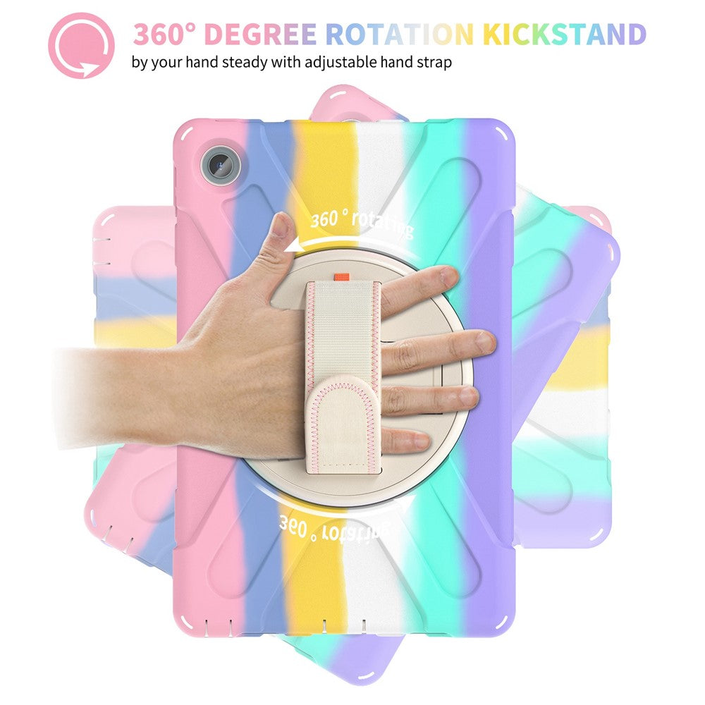 For Lenovo Tab M10 Plus (3rd Gen) / Xiaoxin Pad 2022 10.6 inch TB-125F / 128F 360 Degree Rotation Hand Strap Tablet Case Anti-drop PC + Silicone Kickstand Cover - Colorful Pink