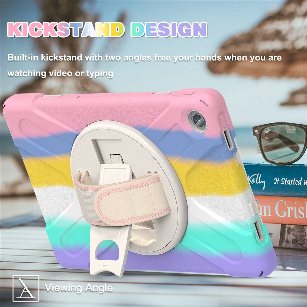 For Lenovo Tab M10 Plus (3rd Gen) / Xiaoxin Pad 2022 10.6 inch TB-125F / 128F 360 Degree Rotation Hand Strap Tablet Case Anti-drop PC + Silicone Kickstand Cover - Colorful Pink