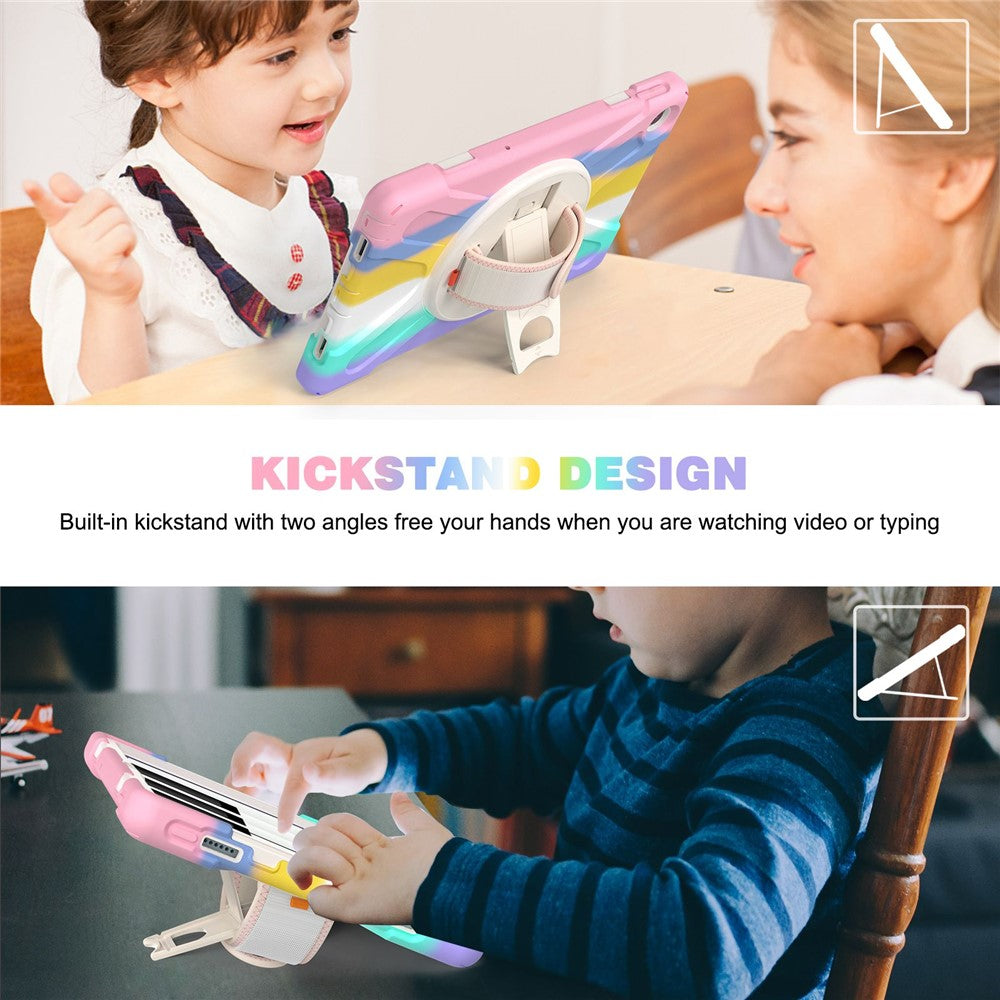 For Lenovo Tab M10 Plus (3rd Gen) / Xiaoxin Pad 2022 10.6 inch TB-125F / 128F 360 Degree Rotation Hand Strap Tablet Case Anti-drop PC + Silicone Kickstand Cover - Colorful Pink