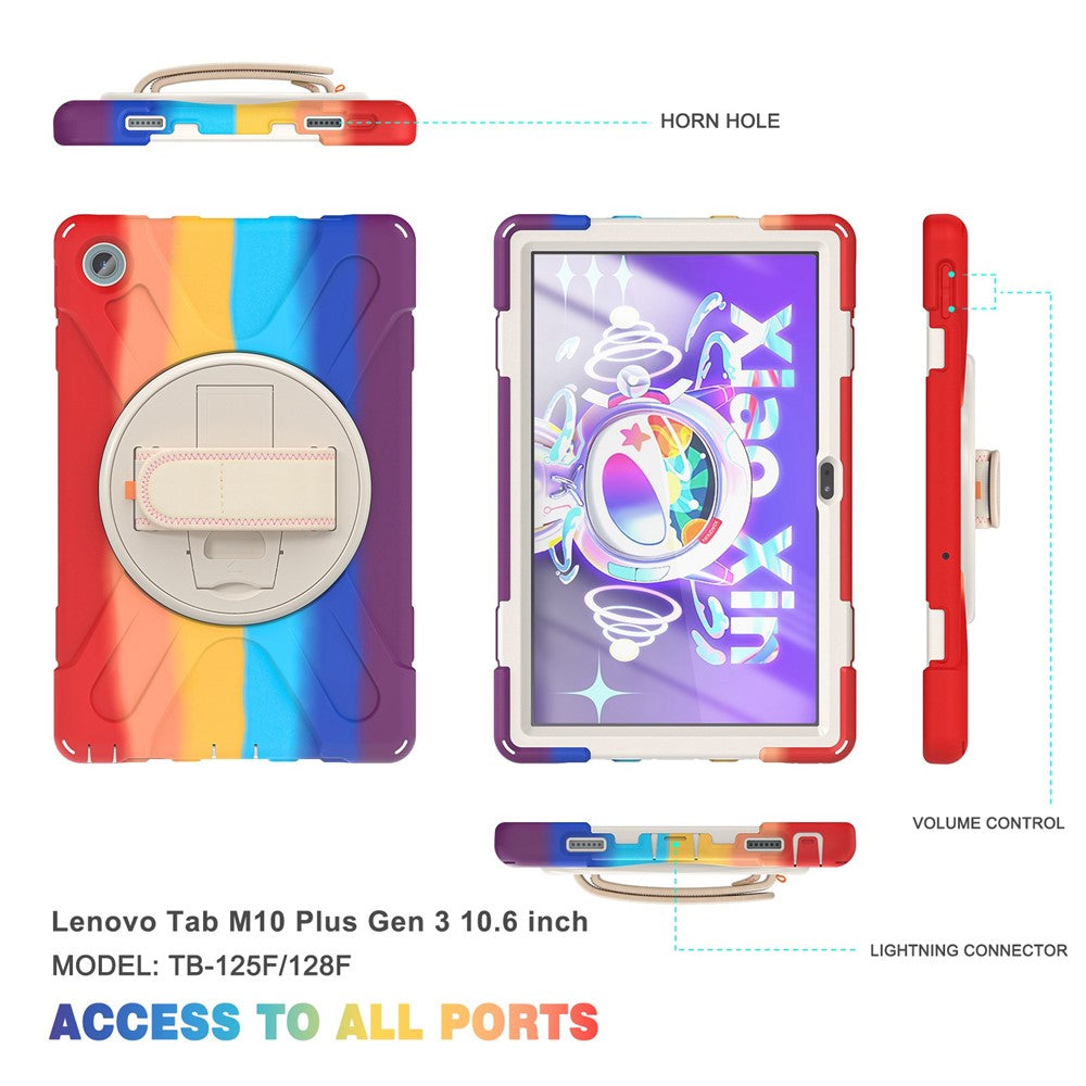 For Lenovo Tab M10 Plus (3rd Gen) / Xiaoxin Pad 2022 10.6 inch TB-125F / 128F 360 Degree Rotation Hand Strap Tablet Case Anti-drop PC + Silicone Kickstand Cover - Colorful Red