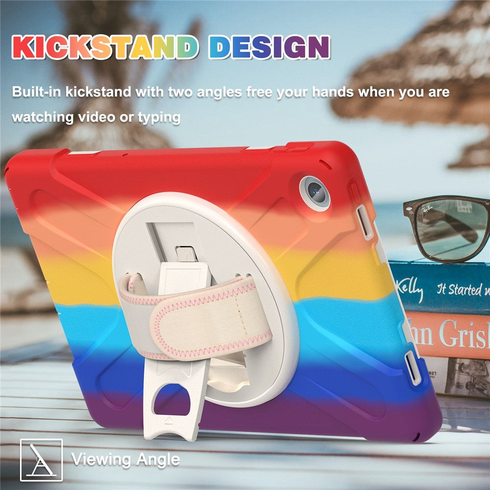 For Lenovo Tab M10 Plus (3rd Gen) / Xiaoxin Pad 2022 10.6 inch TB-125F / 128F 360 Degree Rotation Hand Strap Tablet Case Anti-drop PC + Silicone Kickstand Cover - Colorful Red