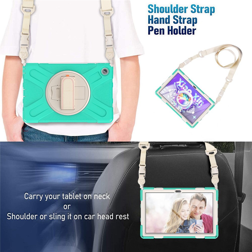 For Lenovo Tab M10 Plus (3rd Gen) / Xiaoxin Pad 2022 10.6 inch TB-125F / TB-128F 360 Degree Rotatable Hand Strap Tablet Case PC + Silicone Kickstand Cover with Shoulder Strap - Mint Green