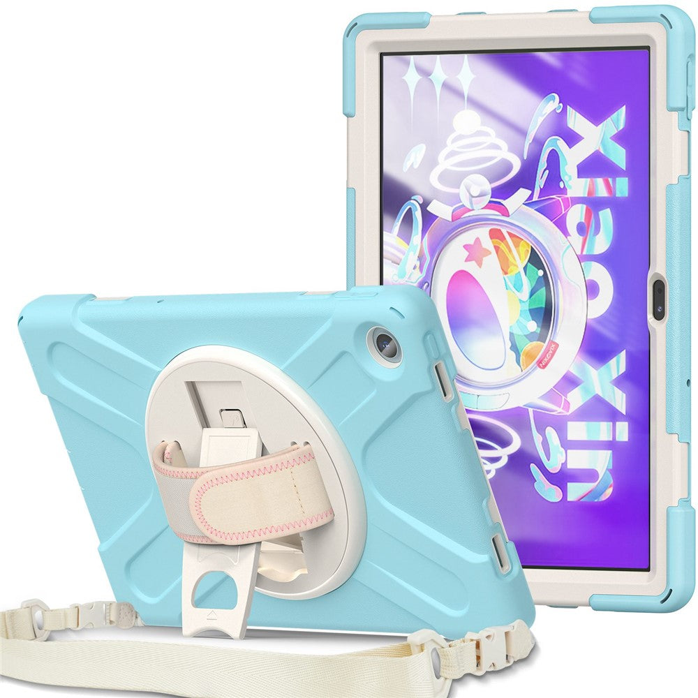 For Lenovo Tab M10 Plus (3rd Gen) / Xiaoxin Pad 2022 10.6 inch TB-125F / TB-128F 360 Degree Rotatable Hand Strap Tablet Case PC + Silicone Kickstand Cover with Shoulder Strap - Crystal Blue