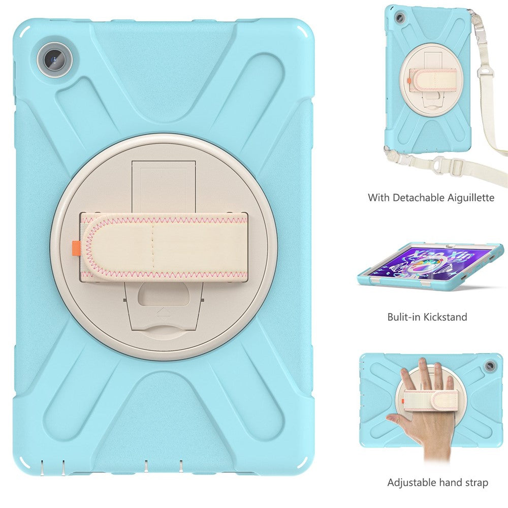 For Lenovo Tab M10 Plus (3rd Gen) / Xiaoxin Pad 2022 10.6 inch TB-125F / TB-128F 360 Degree Rotatable Hand Strap Tablet Case PC + Silicone Kickstand Cover with Shoulder Strap - Crystal Blue