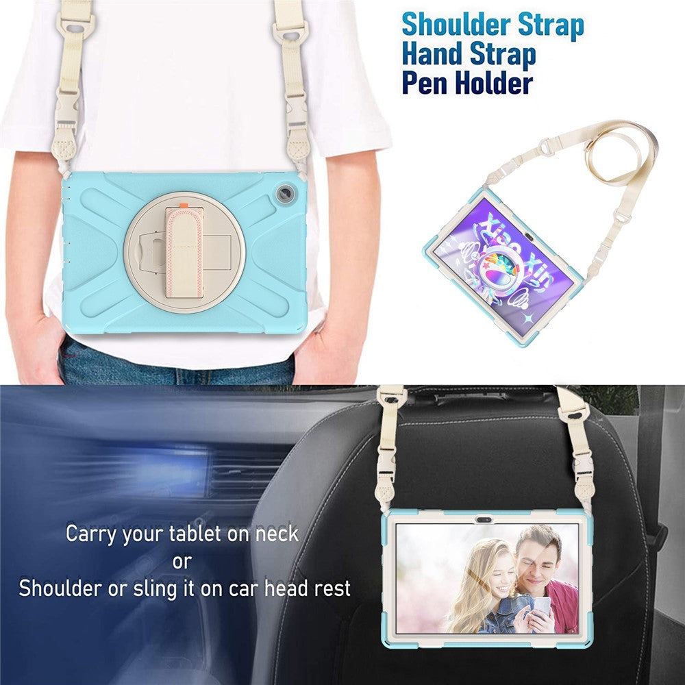 For Lenovo Tab M10 Plus (3rd Gen) / Xiaoxin Pad 2022 10.6 inch TB-125F / TB-128F 360 Degree Rotatable Hand Strap Tablet Case PC + Silicone Kickstand Cover with Shoulder Strap - Crystal Blue