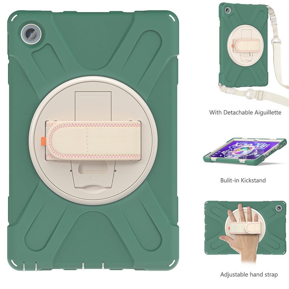 For Lenovo Tab M10 Plus (3rd Gen) / Xiaoxin Pad 2022 10.6 inch TB-125F / TB-128F 360 Degree Rotatable Hand Strap Tablet Case PC + Silicone Kickstand Cover with Shoulder Strap - Emerald Green