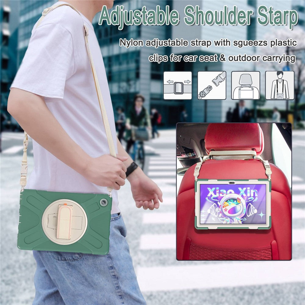 For Lenovo Tab M10 Plus (3rd Gen) / Xiaoxin Pad 2022 10.6 inch TB-125F / TB-128F 360 Degree Rotatable Hand Strap Tablet Case PC + Silicone Kickstand Cover with Shoulder Strap - Emerald Green