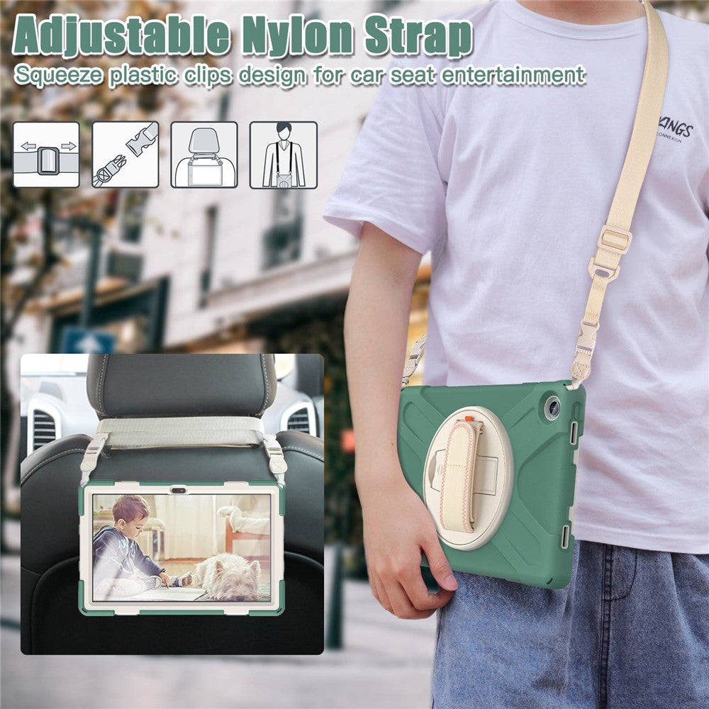 For Lenovo Tab M10 Plus (3rd Gen) / Xiaoxin Pad 2022 10.6 inch TB-125F / TB-128F 360 Degree Rotatable Hand Strap Tablet Case PC + Silicone Kickstand Cover with Shoulder Strap - Emerald Green