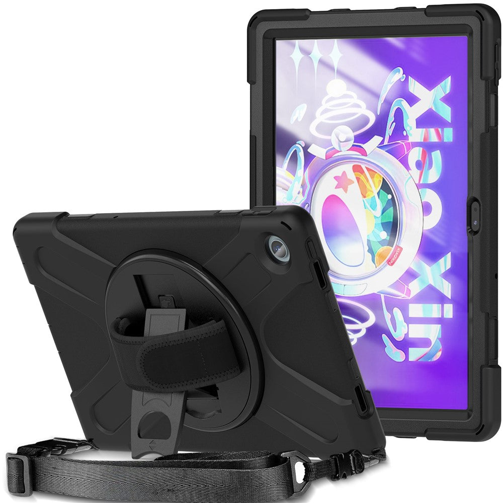 For Lenovo Tab M10 Plus (3rd Gen) / Xiaoxin Pad 2022 10.6 inch TB-125F / TB-128F 360 Degree Rotatable Hand Strap Tablet Case PC + Silicone Kickstand Cover with Shoulder Strap - Black