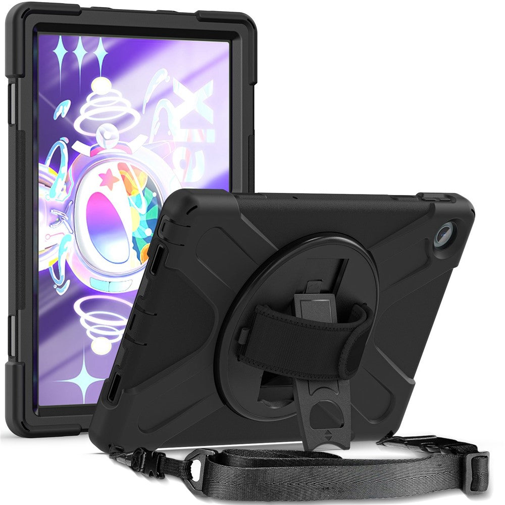 For Lenovo Tab M10 Plus (3rd Gen) / Xiaoxin Pad 2022 10.6 inch TB-125F / TB-128F 360 Degree Rotatable Hand Strap Tablet Case PC + Silicone Kickstand Cover with Shoulder Strap - Black