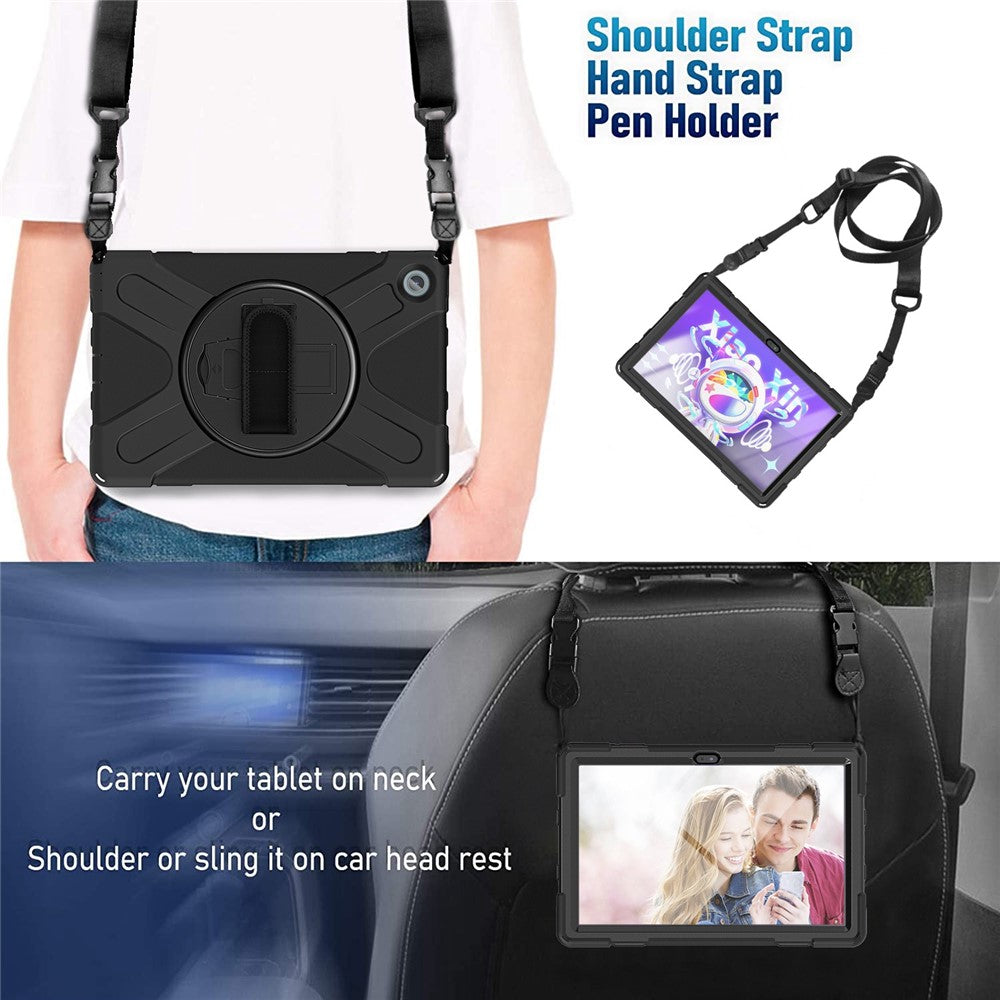 For Lenovo Tab M10 Plus (3rd Gen) / Xiaoxin Pad 2022 10.6 inch TB-125F / TB-128F 360 Degree Rotatable Hand Strap Tablet Case PC + Silicone Kickstand Cover with Shoulder Strap - Black