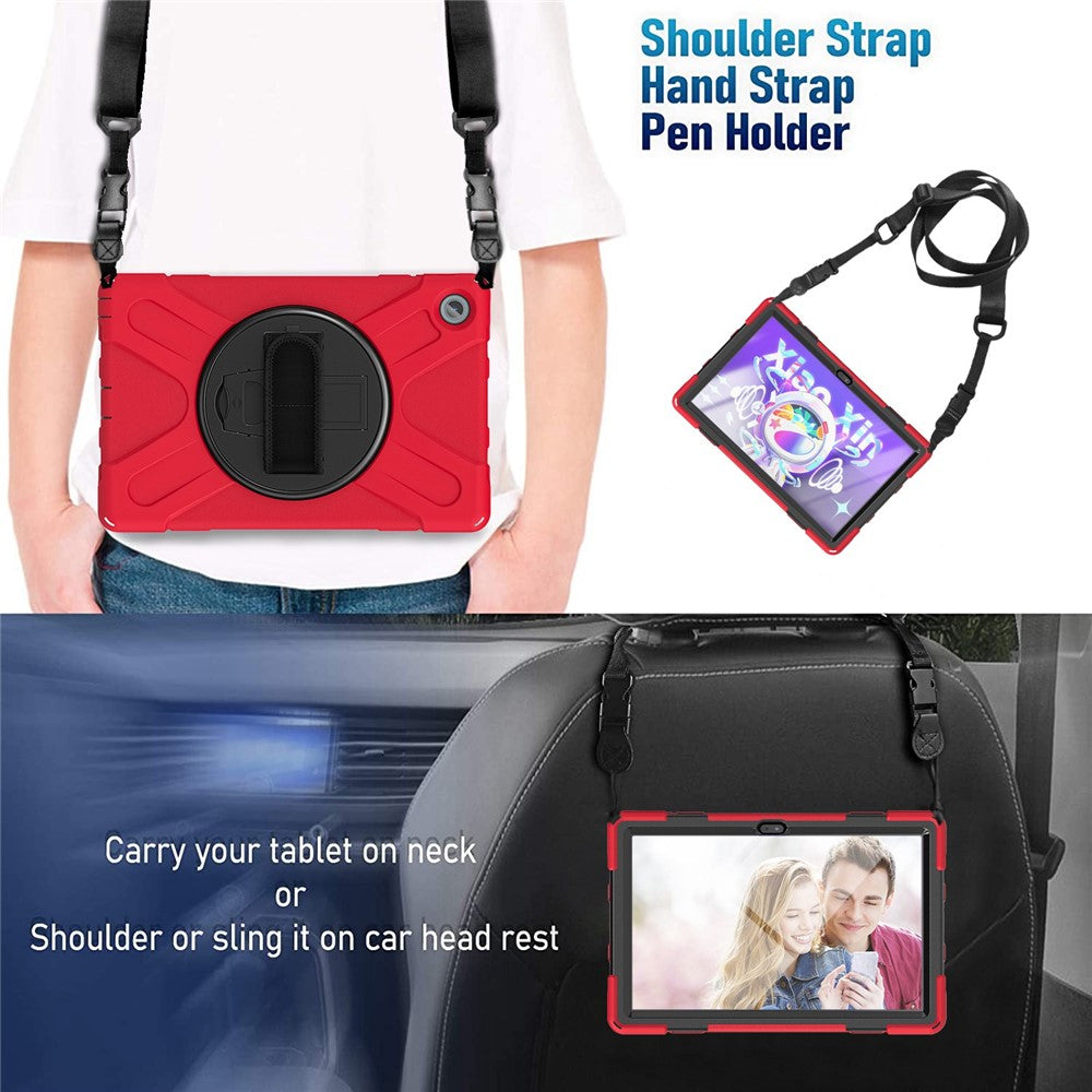 For Lenovo Tab M10 Plus (3rd Gen) / Xiaoxin Pad 2022 10.6 inch TB-125F / TB-128F 360 Degree Rotatable Hand Strap Tablet Case PC + Silicone Kickstand Cover with Shoulder Strap - Red