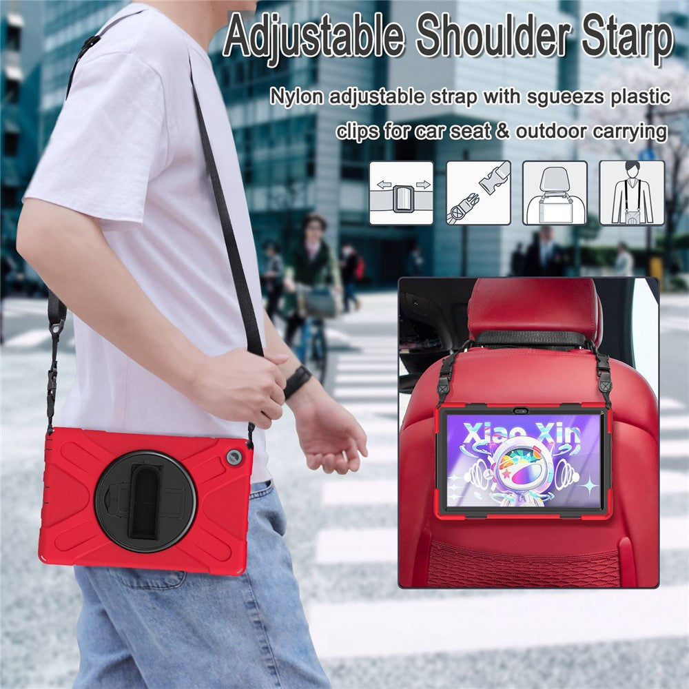 For Lenovo Tab M10 Plus (3rd Gen) / Xiaoxin Pad 2022 10.6 inch TB-125F / TB-128F 360 Degree Rotatable Hand Strap Tablet Case PC + Silicone Kickstand Cover with Shoulder Strap - Red