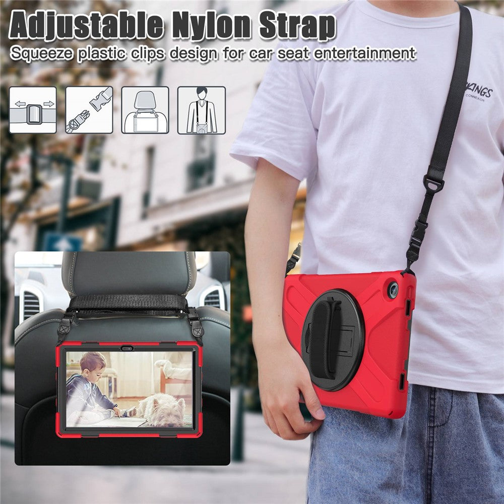 For Lenovo Tab M10 Plus (3rd Gen) / Xiaoxin Pad 2022 10.6 inch TB-125F / TB-128F 360 Degree Rotatable Hand Strap Tablet Case PC + Silicone Kickstand Cover with Shoulder Strap - Red