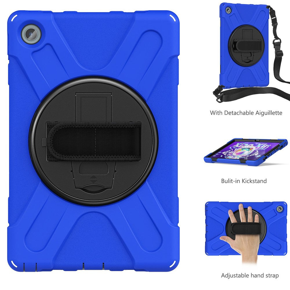 For Lenovo Tab M10 Plus (3rd Gen) / Xiaoxin Pad 2022 10.6 inch TB-125F / TB-128F 360 Degree Rotatable Hand Strap Tablet Case PC + Silicone Kickstand Cover with Shoulder Strap - Blue