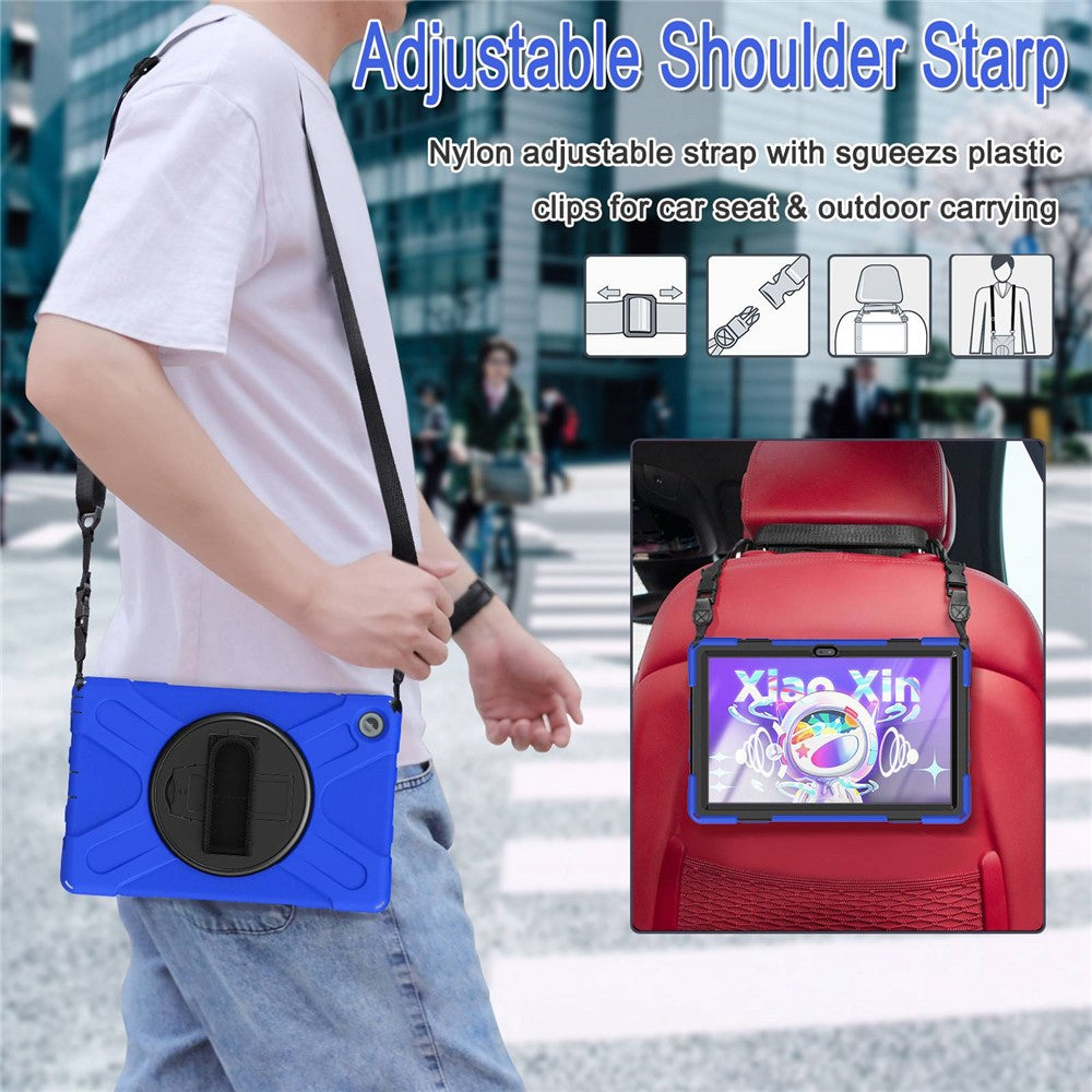 For Lenovo Tab M10 Plus (3rd Gen) / Xiaoxin Pad 2022 10.6 inch TB-125F / TB-128F 360 Degree Rotatable Hand Strap Tablet Case PC + Silicone Kickstand Cover with Shoulder Strap - Blue