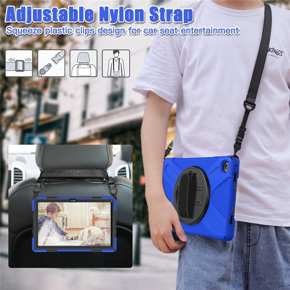 For Lenovo Tab M10 Plus (3rd Gen) / Xiaoxin Pad 2022 10.6 inch TB-125F / TB-128F 360 Degree Rotatable Hand Strap Tablet Case PC + Silicone Kickstand Cover with Shoulder Strap - Blue