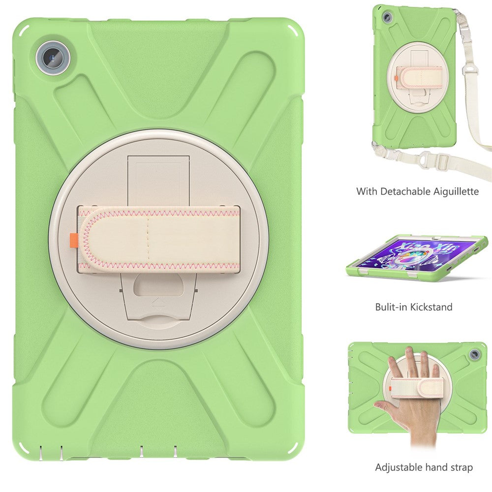 For Lenovo Tab M10 Plus (3rd Gen) / Xiaoxin Pad 2022 10.6 inch TB-125F / TB-128F 360 Degree Rotatable Hand Strap Tablet Case PC + Silicone Kickstand Cover with Shoulder Strap - Matcha Green