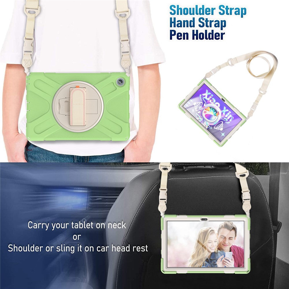 For Lenovo Tab M10 Plus (3rd Gen) / Xiaoxin Pad 2022 10.6 inch TB-125F / TB-128F 360 Degree Rotatable Hand Strap Tablet Case PC + Silicone Kickstand Cover with Shoulder Strap - Matcha Green
