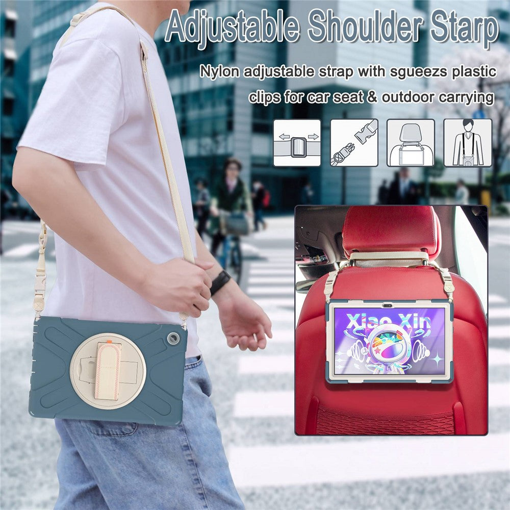 For Lenovo Tab M10 Plus (3rd Gen) / Xiaoxin Pad 2022 10.6 inch TB-125F / TB-128F 360 Degree Rotatable Hand Strap Tablet Case PC + Silicone Kickstand Cover with Shoulder Strap - Cornflower Blue