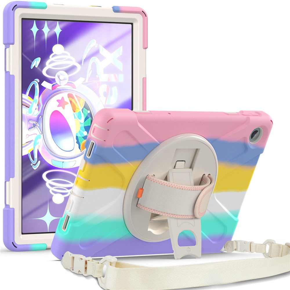 For Lenovo Tab M10 Plus (3rd Gen) / Xiaoxin Pad 2022 10.6 inch TB-125F / TB-128F 360 Degree Rotatable Hand Strap Tablet Case PC + Silicone Kickstand Cover with Shoulder Strap - Colorful Pink