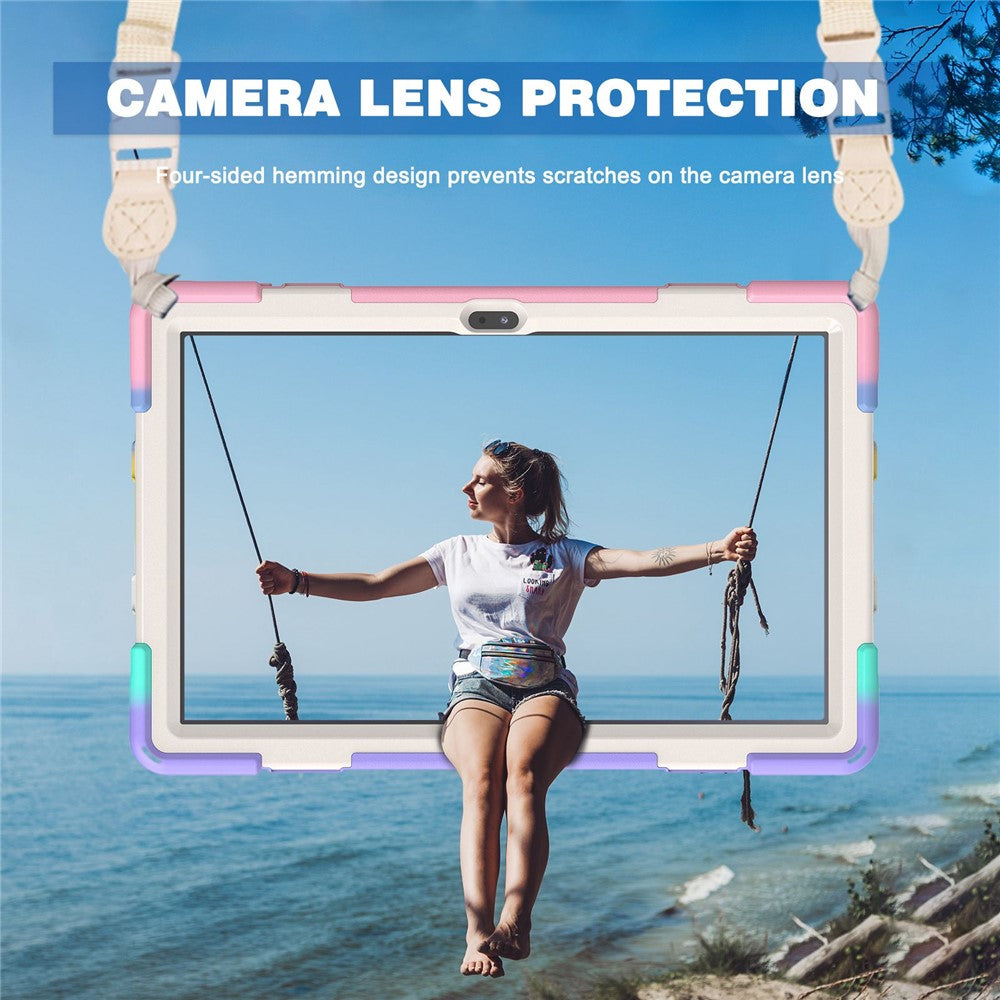 For Lenovo Tab M10 Plus (3rd Gen) / Xiaoxin Pad 2022 10.6 inch TB-125F / TB-128F 360 Degree Rotatable Hand Strap Tablet Case PC + Silicone Kickstand Cover with Shoulder Strap - Colorful Pink