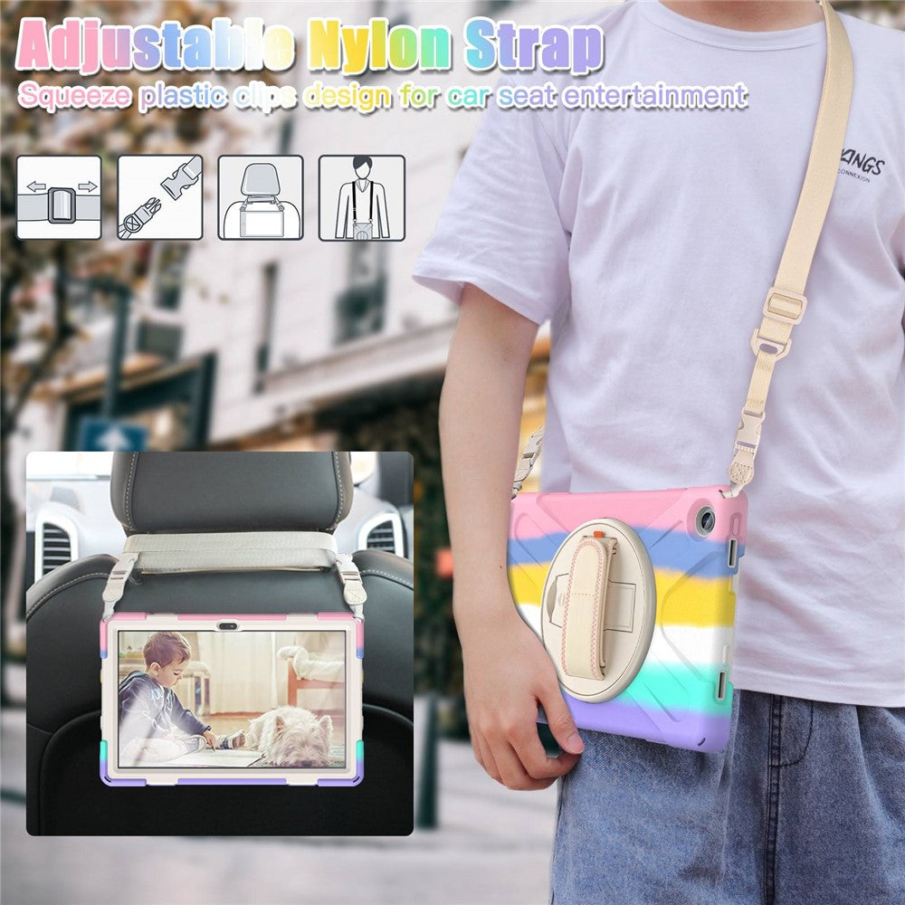 For Lenovo Tab M10 Plus (3rd Gen) / Xiaoxin Pad 2022 10.6 inch TB-125F / TB-128F 360 Degree Rotatable Hand Strap Tablet Case PC + Silicone Kickstand Cover with Shoulder Strap - Colorful Pink