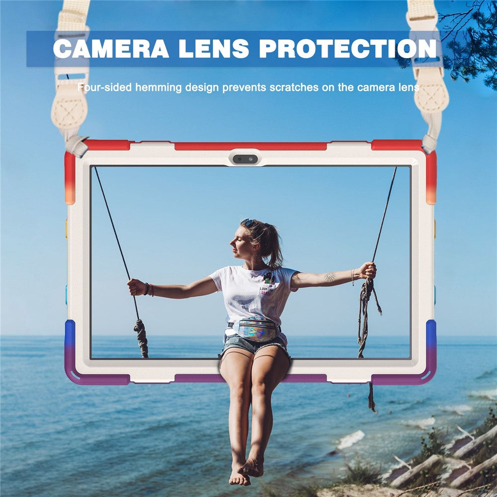 For Lenovo Tab M10 Plus (3rd Gen) / Xiaoxin Pad 2022 10.6 inch TB-125F / TB-128F 360 Degree Rotatable Hand Strap Tablet Case PC + Silicone Kickstand Cover with Shoulder Strap - Colorful Red