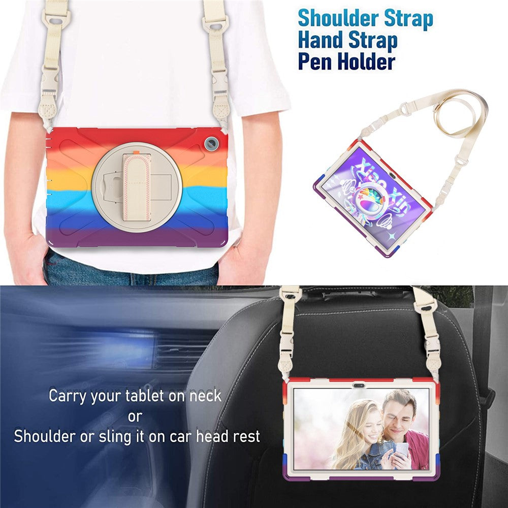 For Lenovo Tab M10 Plus (3rd Gen) / Xiaoxin Pad 2022 10.6 inch TB-125F / TB-128F 360 Degree Rotatable Hand Strap Tablet Case PC + Silicone Kickstand Cover with Shoulder Strap - Colorful Red