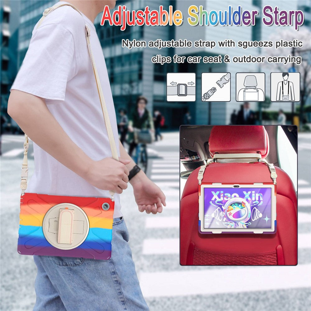 For Lenovo Tab M10 Plus (3rd Gen) / Xiaoxin Pad 2022 10.6 inch TB-125F / TB-128F 360 Degree Rotatable Hand Strap Tablet Case PC + Silicone Kickstand Cover with Shoulder Strap - Colorful Red