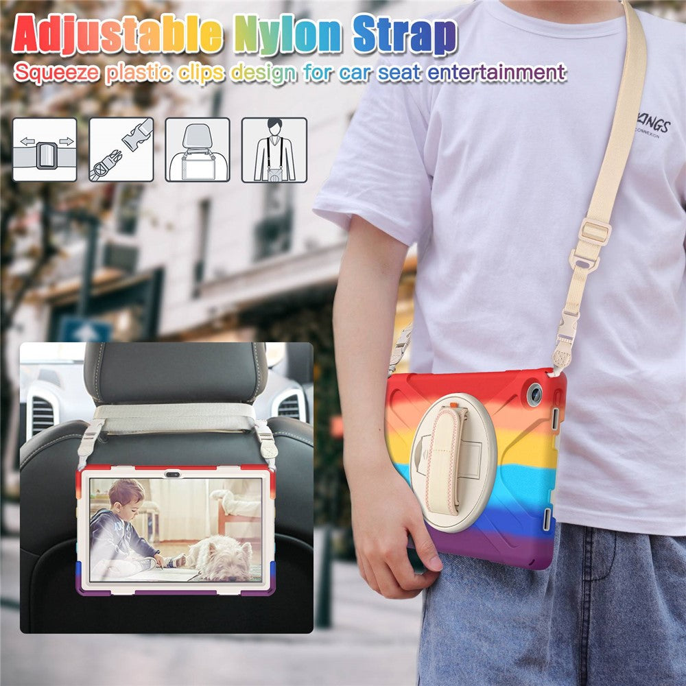 For Lenovo Tab M10 Plus (3rd Gen) / Xiaoxin Pad 2022 10.6 inch TB-125F / TB-128F 360 Degree Rotatable Hand Strap Tablet Case PC + Silicone Kickstand Cover with Shoulder Strap - Colorful Red