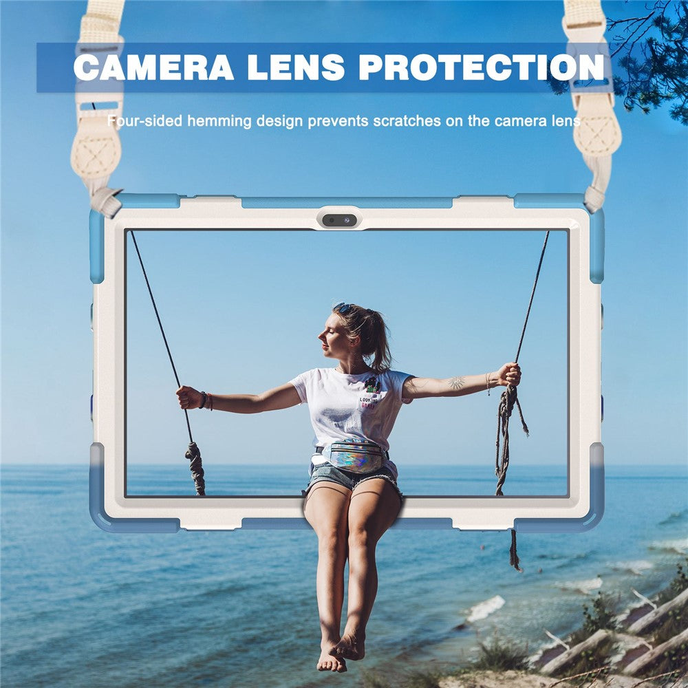 For Lenovo Tab M10 Plus (3rd Gen) / Xiaoxin Pad 2022 10.6 inch TB-125F / TB-128F 360 Degree Rotatable Hand Strap Tablet Case PC + Silicone Kickstand Cover with Shoulder Strap - Colorful Blue