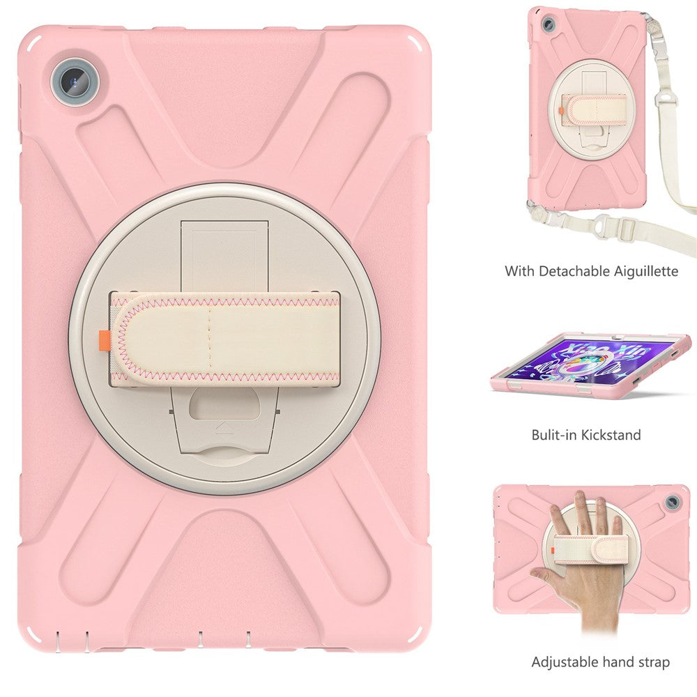 For Lenovo Tab M10 Plus (3rd Gen) / Xiaoxin Pad 2022 10.6 inch TB-125F / TB-128F 360 Degree Rotatable Hand Strap Tablet Case PC + Silicone Kickstand Cover with Shoulder Strap - Cherry Blossom Pink