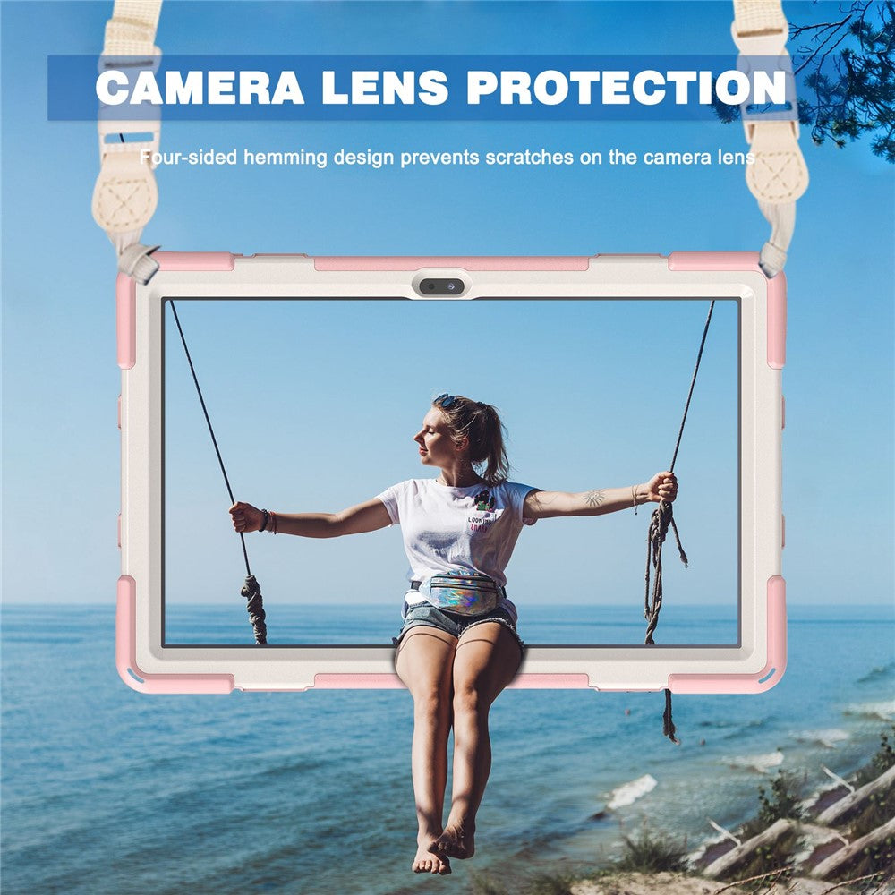 For Lenovo Tab M10 Plus (3rd Gen) / Xiaoxin Pad 2022 10.6 inch TB-125F / TB-128F 360 Degree Rotatable Hand Strap Tablet Case PC + Silicone Kickstand Cover with Shoulder Strap - Cherry Blossom Pink