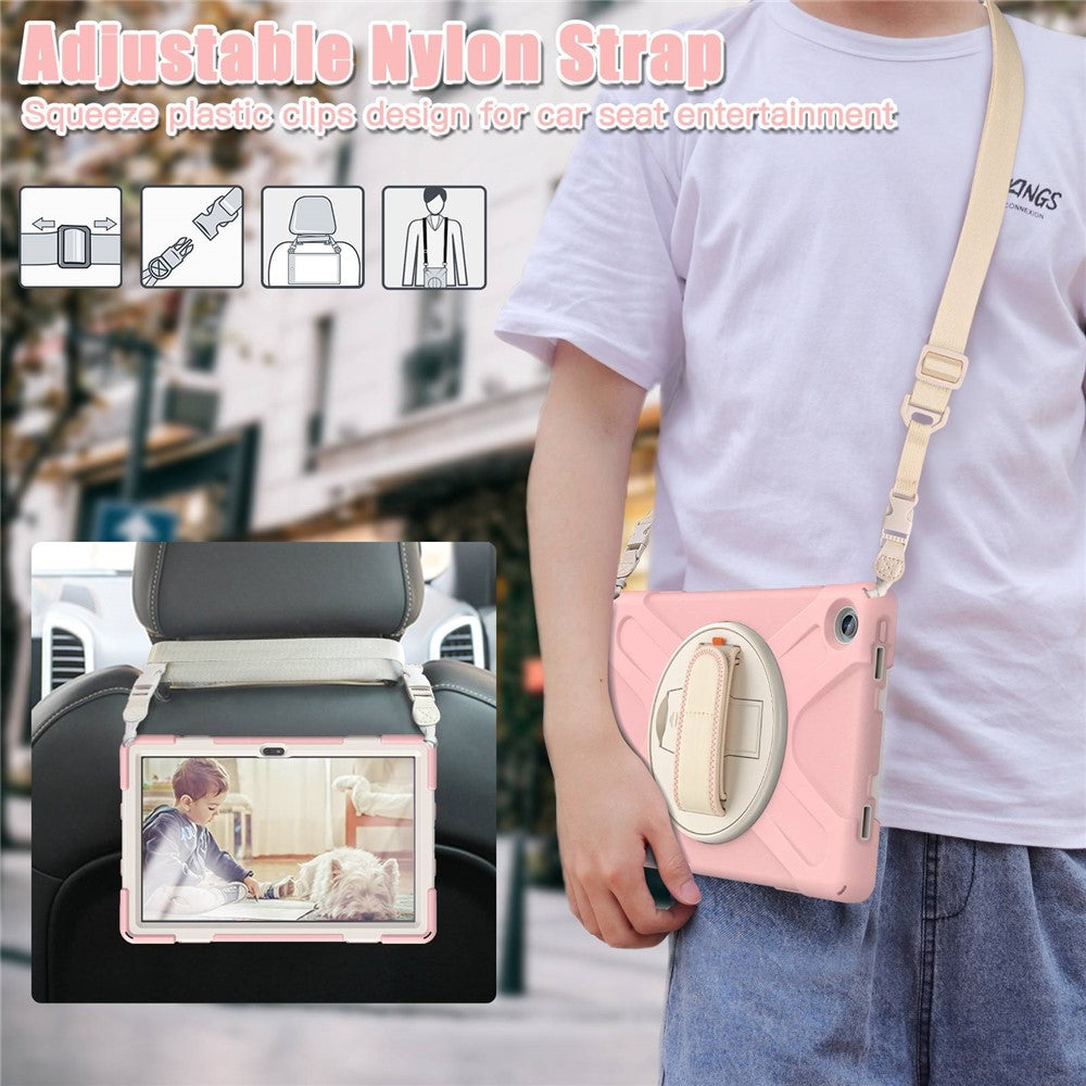 For Lenovo Tab M10 Plus (3rd Gen) / Xiaoxin Pad 2022 10.6 inch TB-125F / TB-128F 360 Degree Rotatable Hand Strap Tablet Case PC + Silicone Kickstand Cover with Shoulder Strap - Cherry Blossom Pink