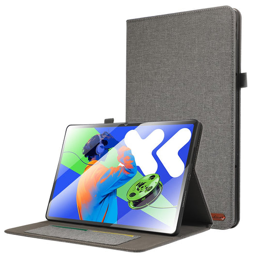 For Lenovo Xiaoxin Pad Pro 12.7 inch Leather Case Card Holder Cloth Texture Tablet Stand Cover - Grey