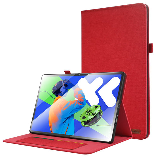 For Lenovo Xiaoxin Pad Pro 12.7 inch Leather Case Card Holder Cloth Texture Tablet Stand Cover - Red