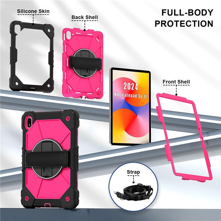 For Huawei MatePad SE 11 Case Kickstand Silicone+PC Tablet Cover with Shoulder Strap - Black / Rose