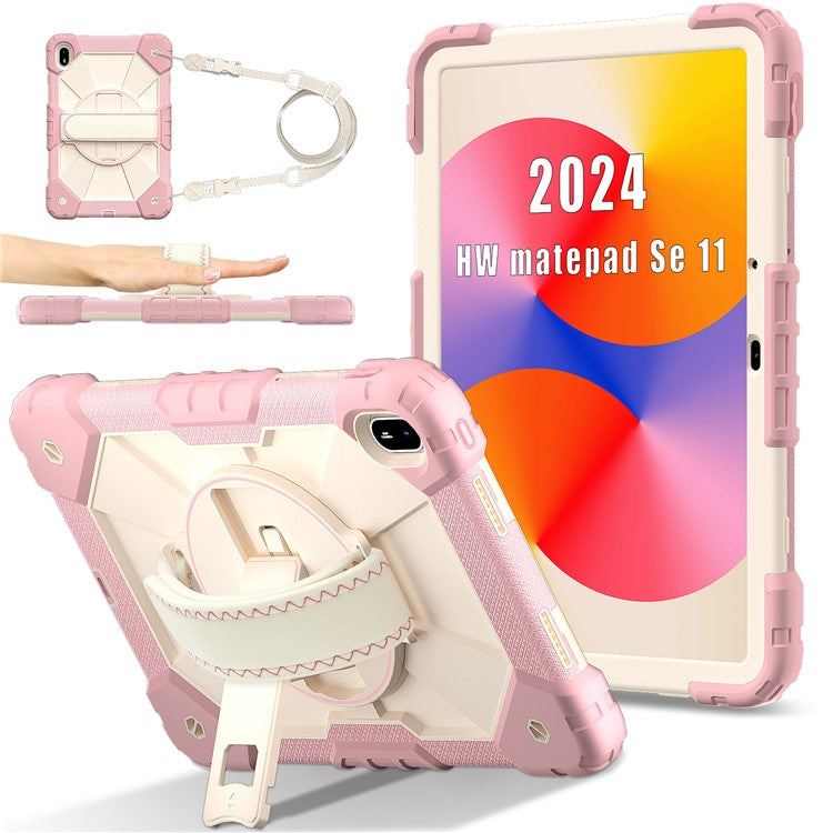 For Huawei MatePad SE 11 Case Kickstand Silicone+PC Tablet Cover with Shoulder Strap - Rose Gold